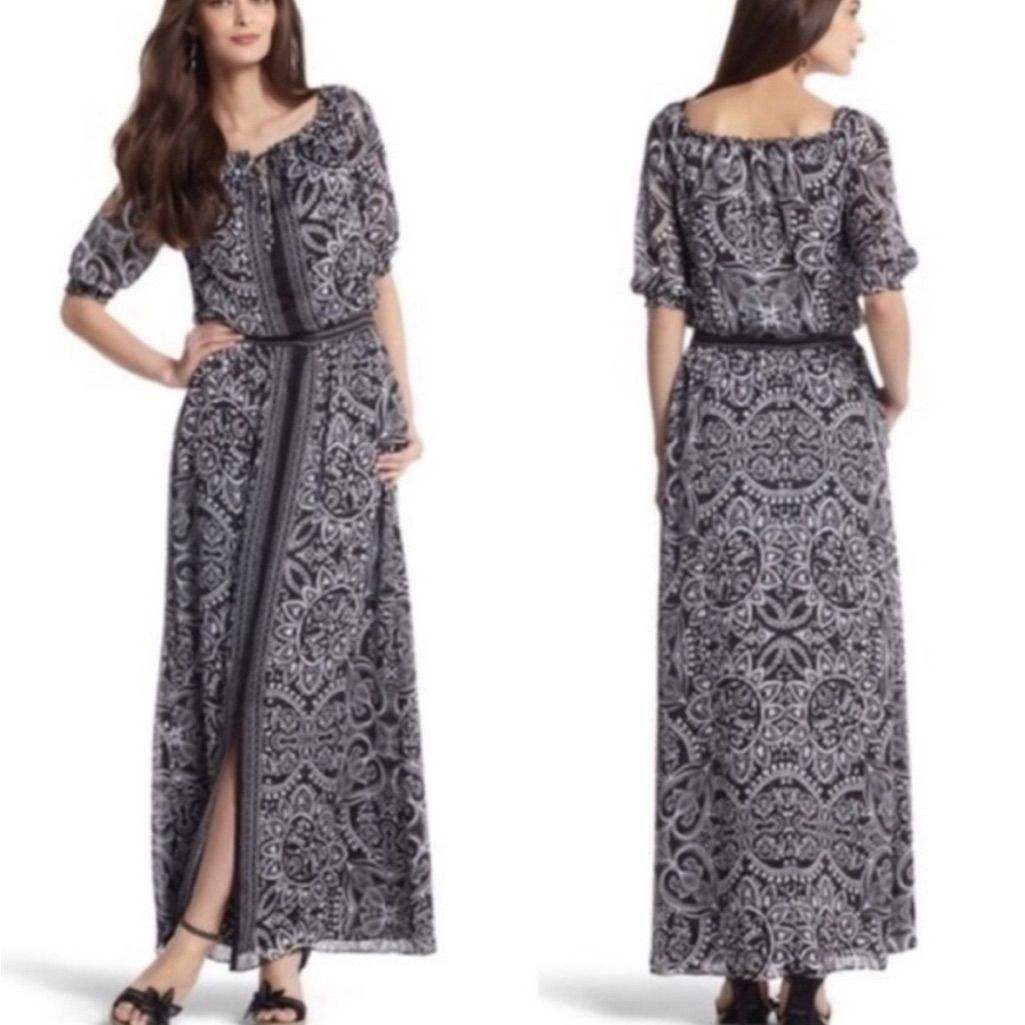 Whbm White House Black Market Maxi Front Slit Blouson Boho Dress Size 2-Pockets!